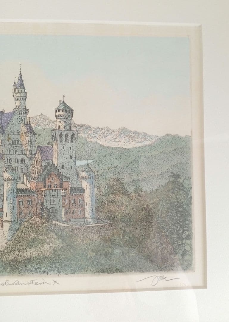 織田義郎 「ノイシュバンシュタイン城 10」 銅版画 手彩色 エッチング 絵画
