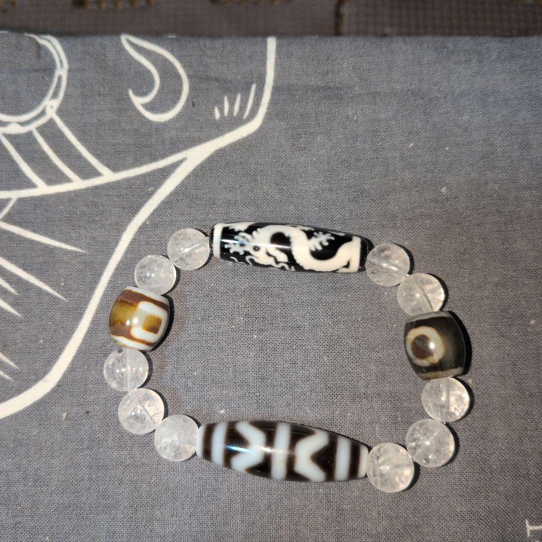 宝珠双竜神天珠と四線虎牙天珠デザインブレスレット