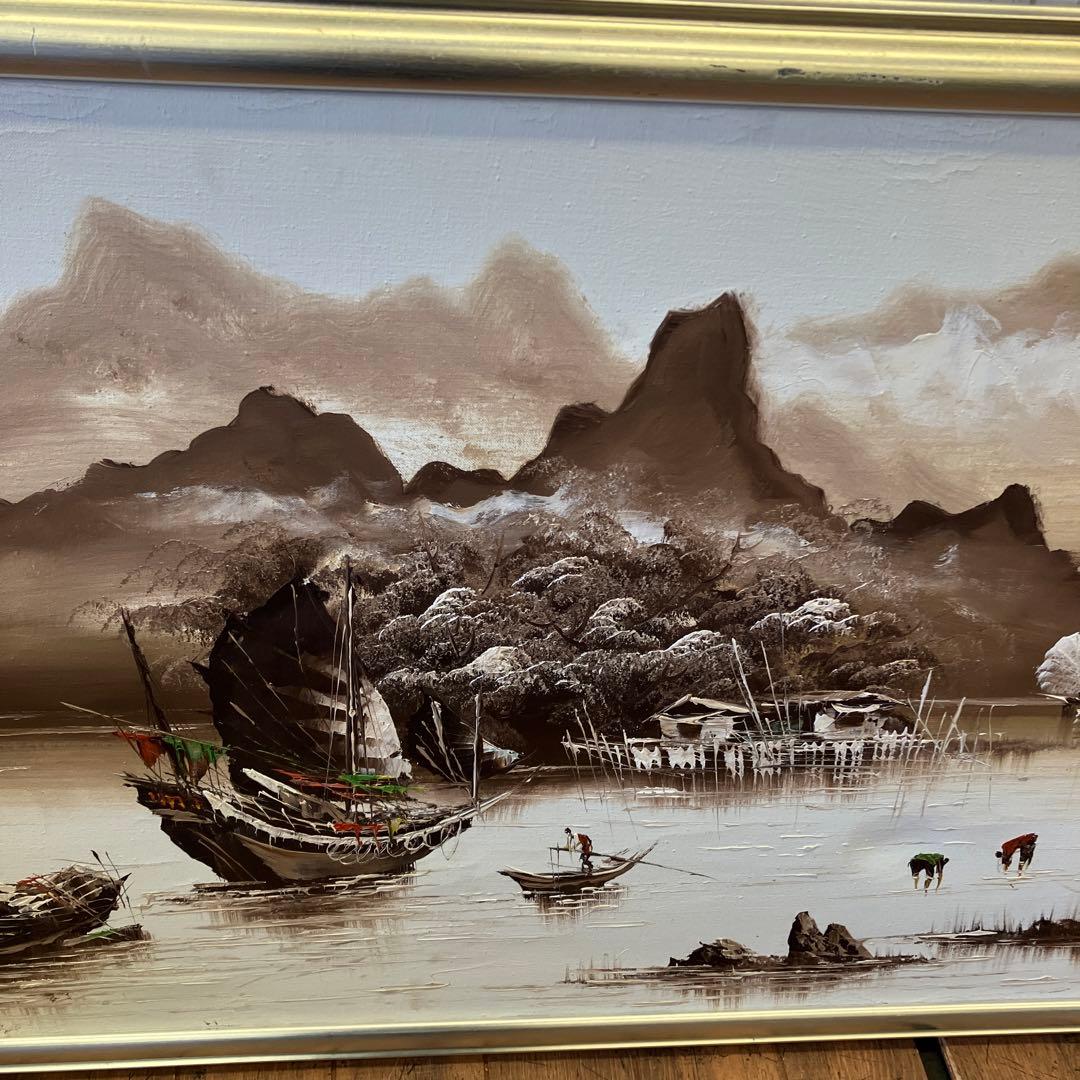 ヴィンテージ 大判 風景画 絵画 油絵 油彩画 舟 帆船 額縁 額装 インテリア