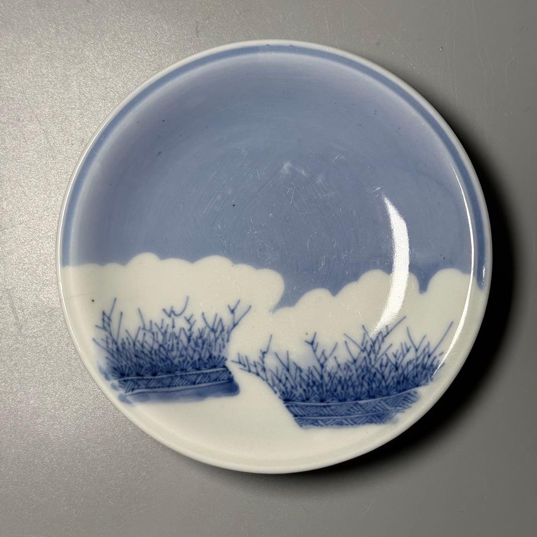 江戸期　後期鍋島　染付雪持柴垣図皿　五枚　直径12cm　高2.3cm