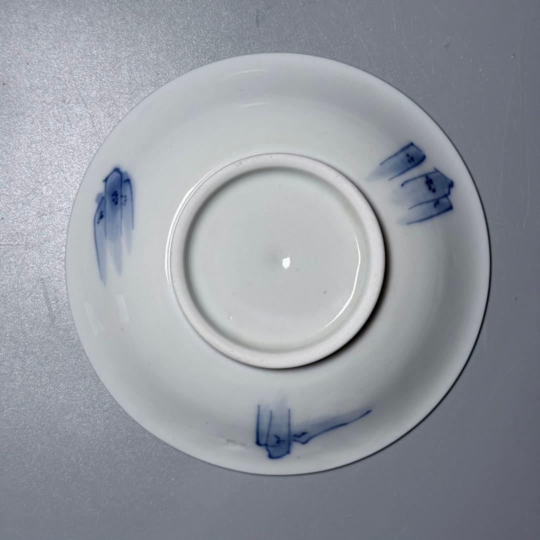 江戸期　後期鍋島　染付雪持柴垣図皿　五枚　直径12cm　高2.3cm