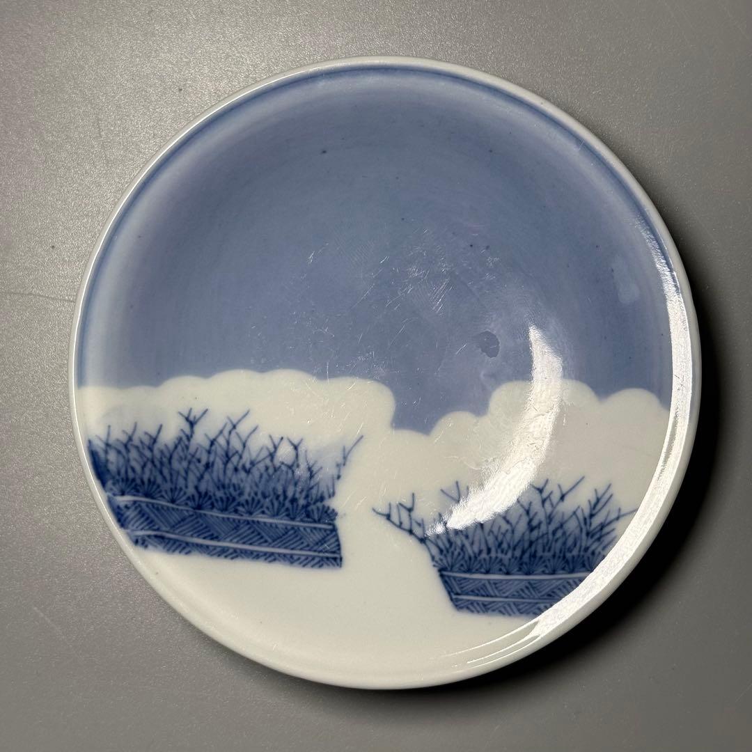 江戸期　後期鍋島　染付雪持柴垣図皿　五枚　直径12cm　高2.3cm