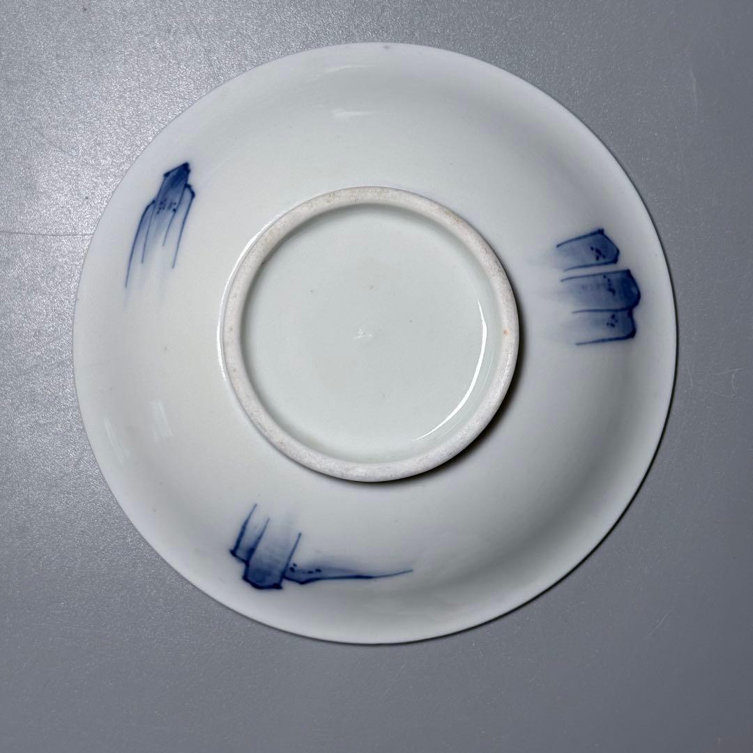 江戸期　後期鍋島　染付雪持柴垣図皿　五枚　直径12cm　高2.3cm