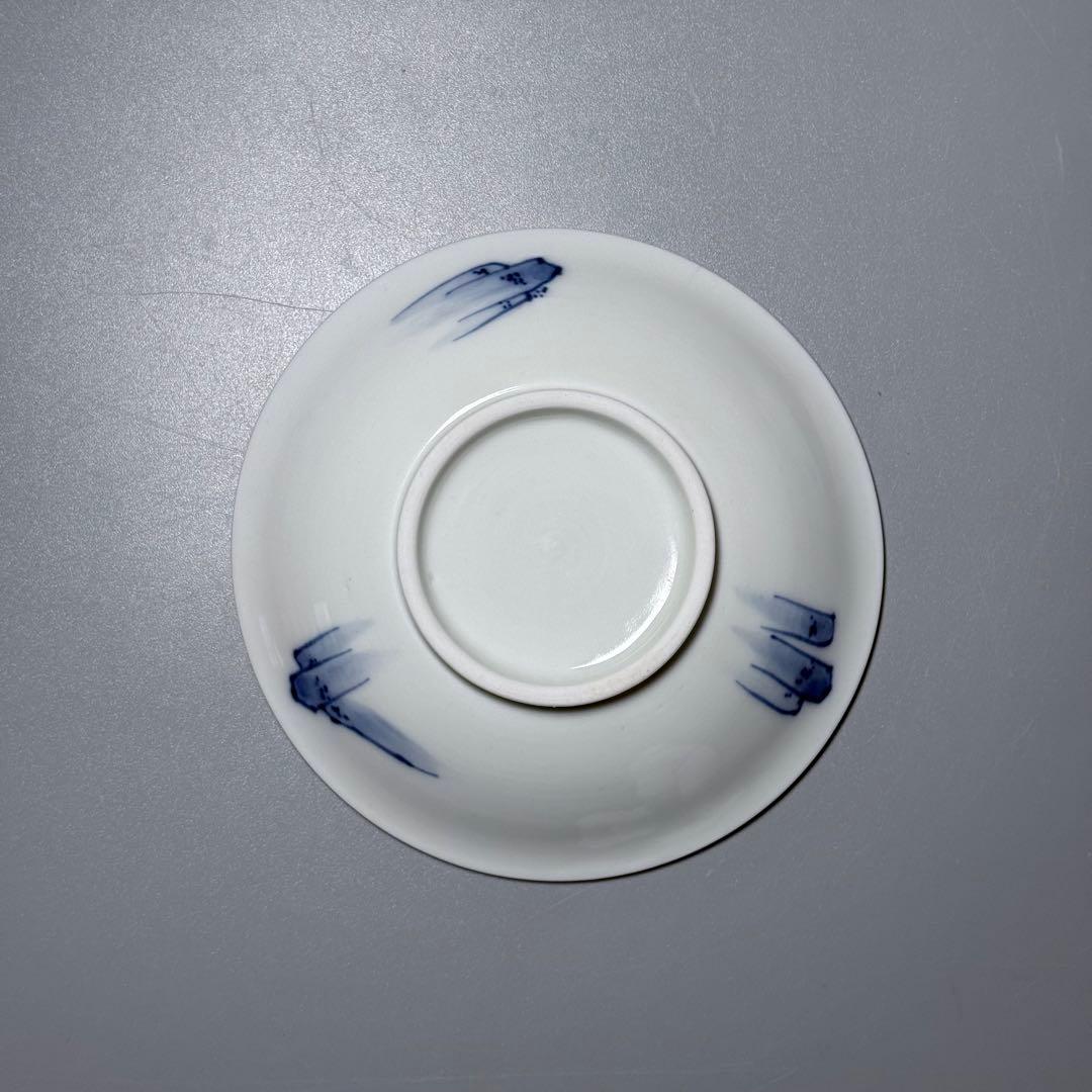 江戸期　後期鍋島　染付雪持柴垣図皿　五枚　直径12cm　高2.3cm