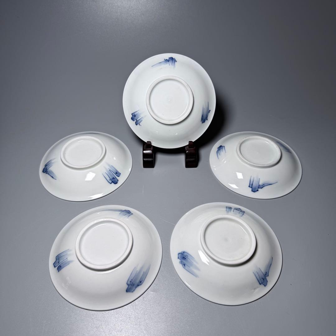 江戸期　後期鍋島　染付雪持柴垣図皿　五枚　直径12cm　高2.3cm