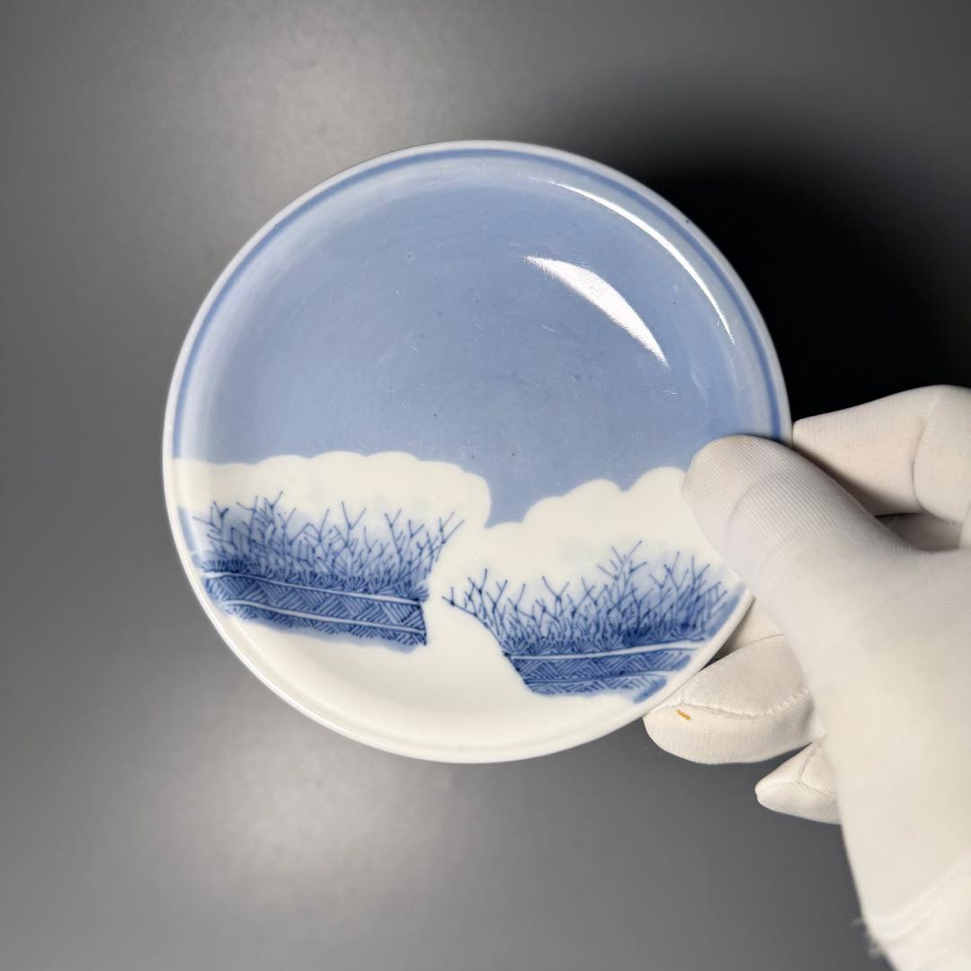 江戸期　後期鍋島　染付雪持柴垣図皿　五枚　直径12cm　高2.3cm