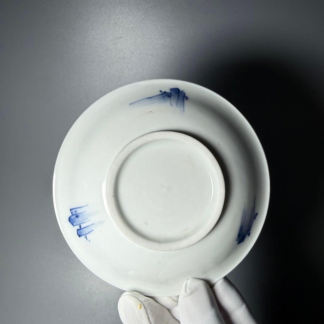 江戸期　後期鍋島　染付雪持柴垣図皿　五枚　直径12cm　高2.3cm