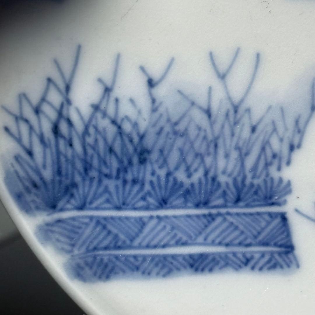 江戸期　後期鍋島　染付雪持柴垣図皿　五枚　直径12cm　高2.3cm