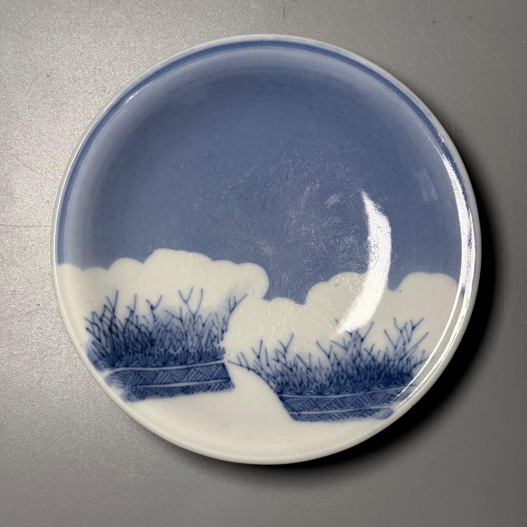 江戸期　後期鍋島　染付雪持柴垣図皿　五枚　直径12cm　高2.3cm