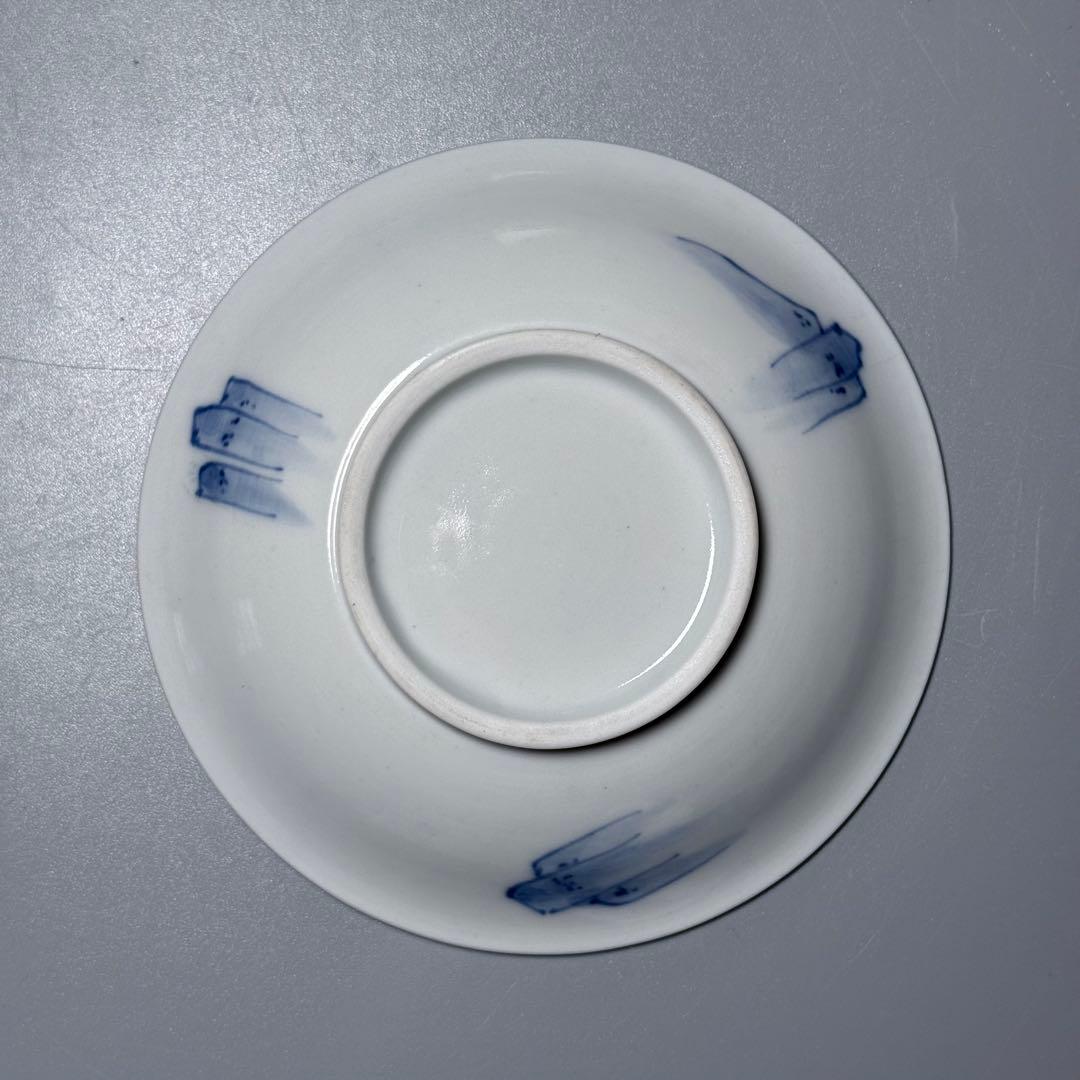 江戸期　後期鍋島　染付雪持柴垣図皿　五枚　直径12cm　高2.3cm