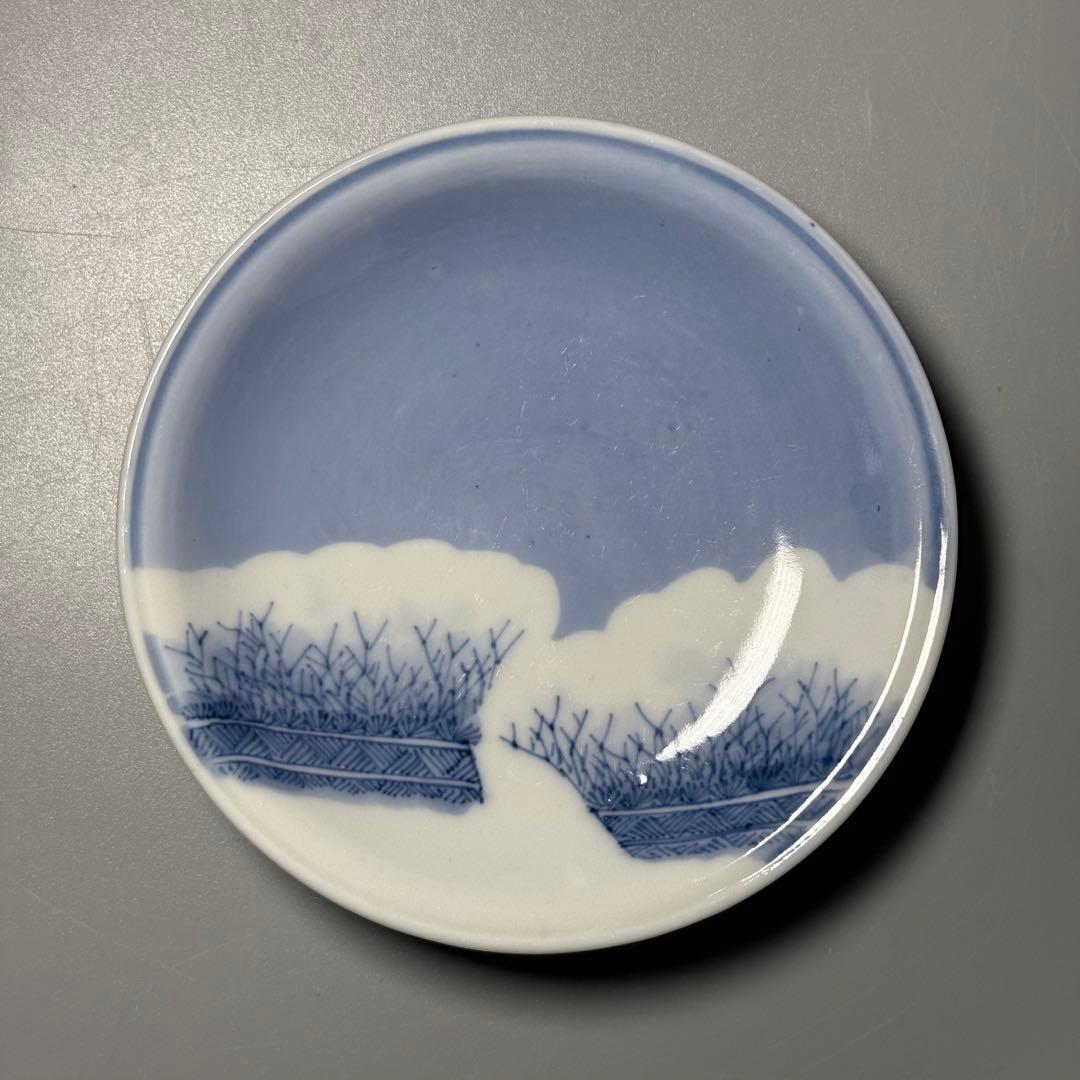 江戸期　後期鍋島　染付雪持柴垣図皿　五枚　直径12cm　高2.3cm