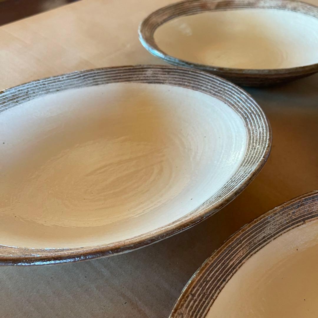 渕荒横彫　楕円深皿　中　４点　パスタ　カレー等