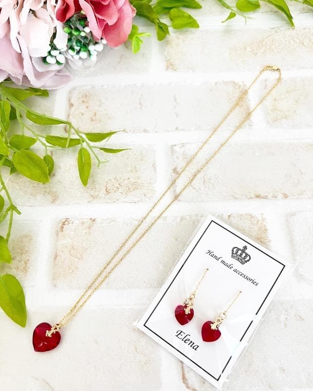 【ネックレス＆ピアスセット】赤ハート