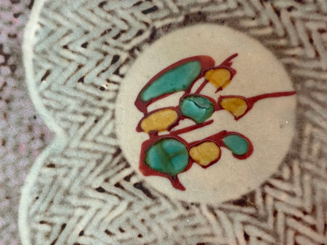 人間国宝 島岡達三 益子焼 象嵌赤絵草花文皿共箱