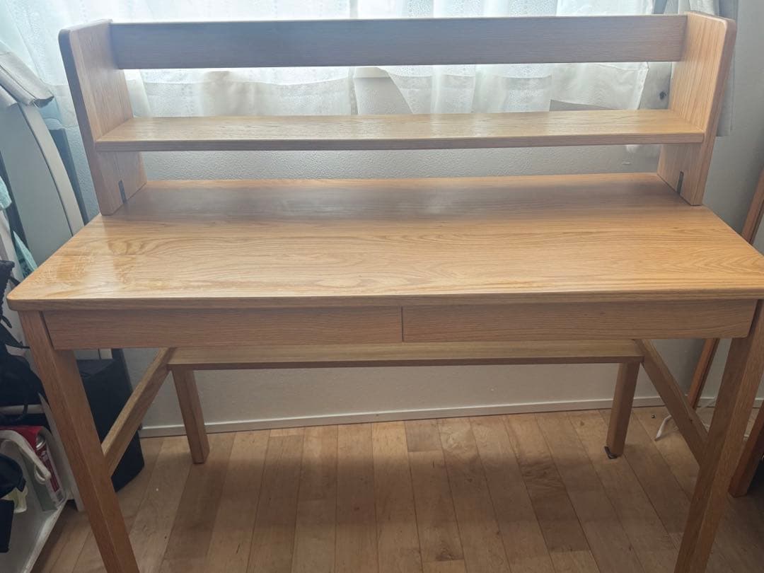 無印　美品　オーク無垢材デスク　木製 学習机 上置き棚付き 引き出しあり