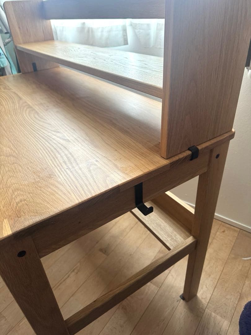 無印　美品　オーク無垢材デスク　木製 学習机 上置き棚付き 引き出しあり