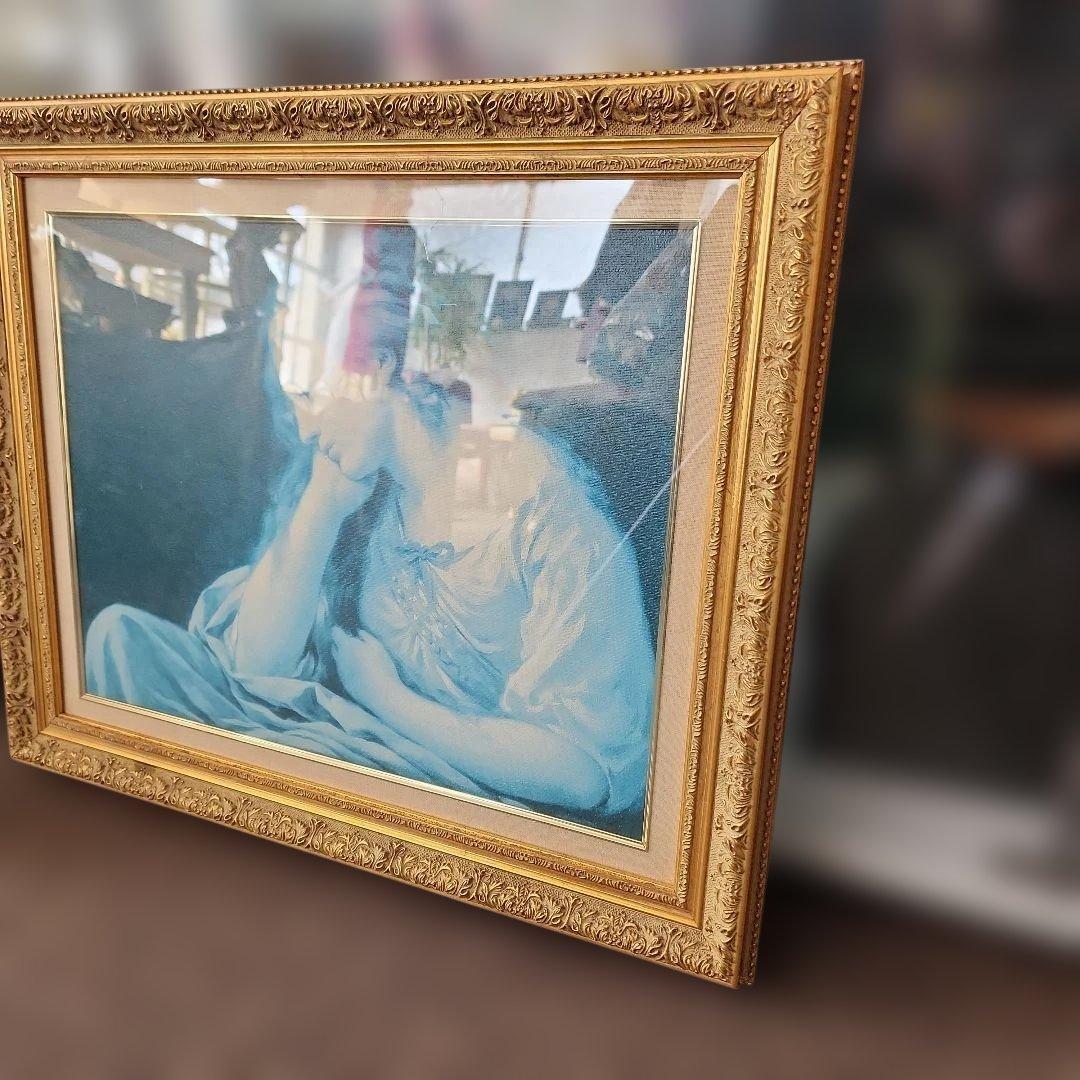 青色の女性肖像画 金色フレーム