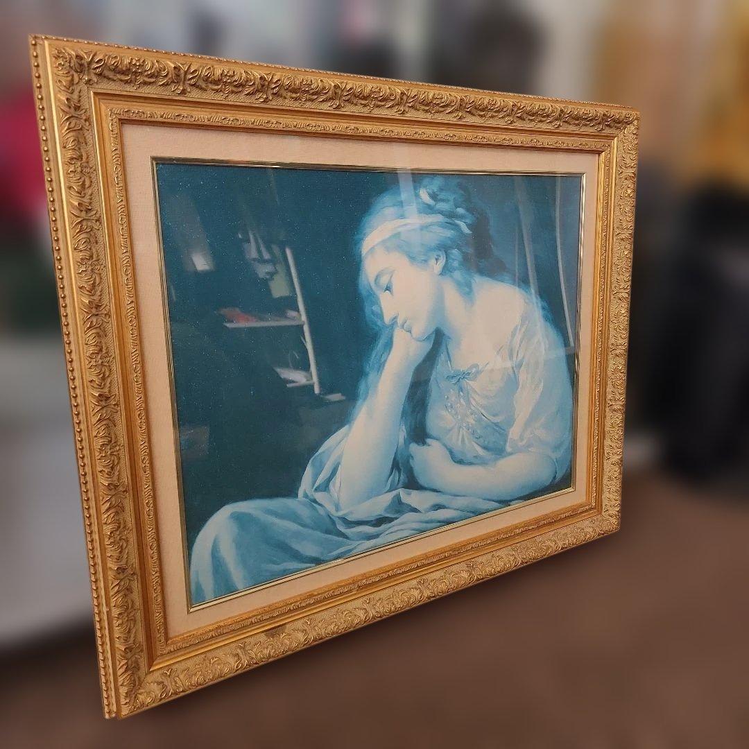 青色の女性肖像画 金色フレーム