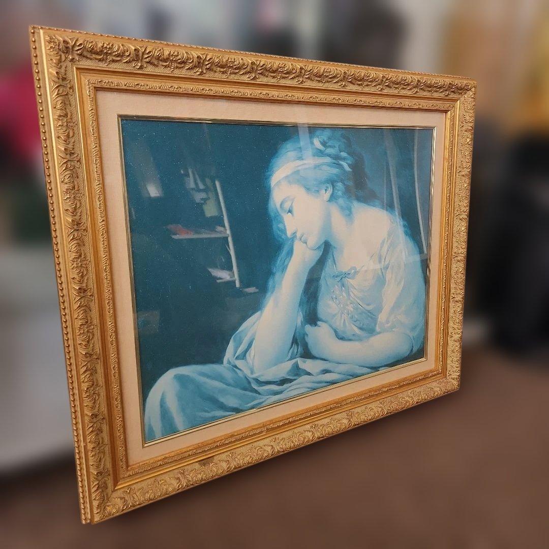 青色の女性肖像画 金色フレーム