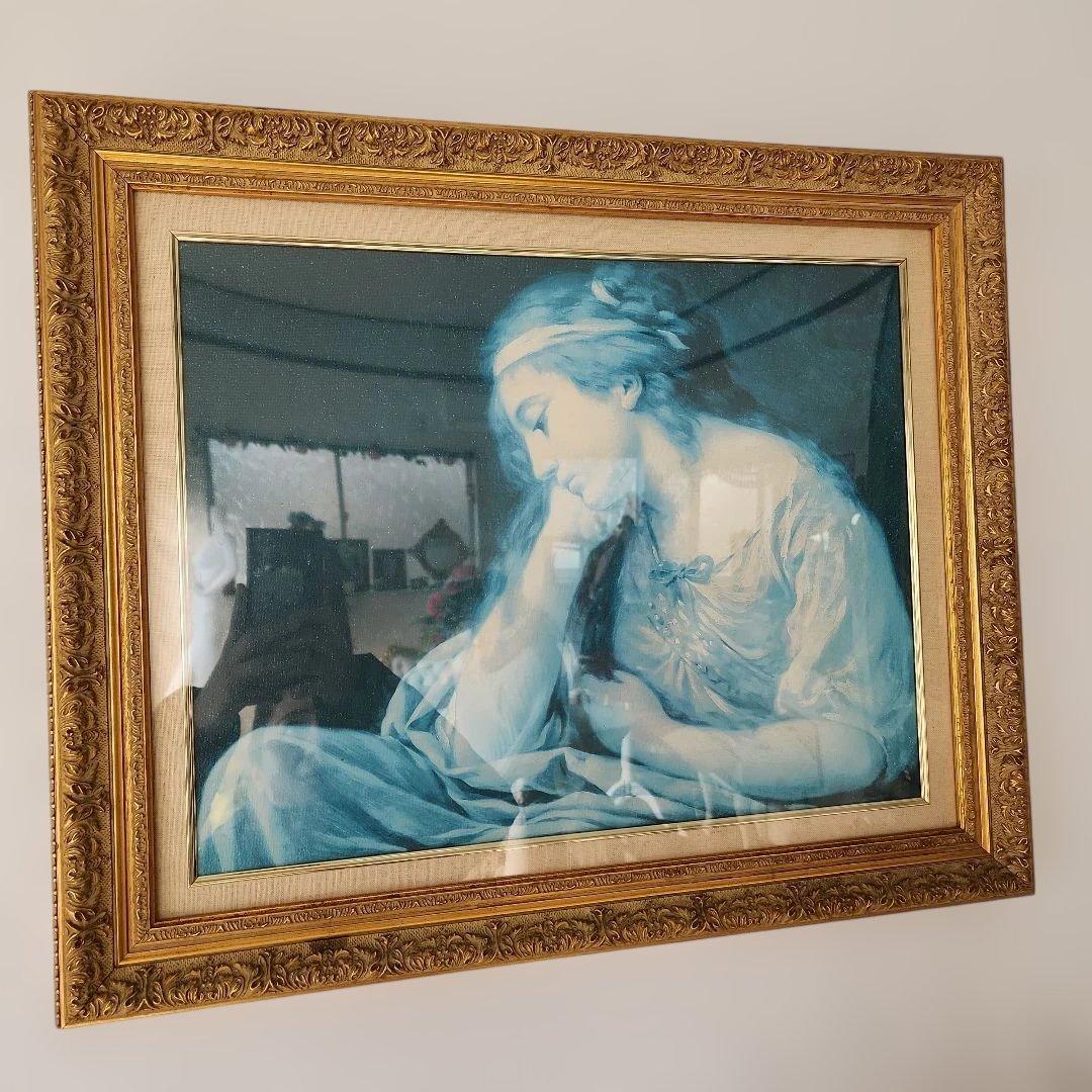 青色の女性肖像画 金色フレーム