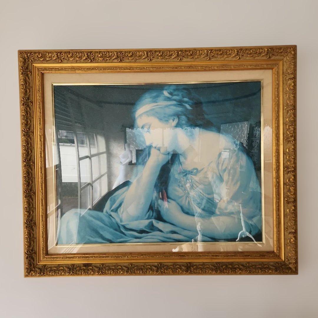 青色の女性肖像画 金色フレーム