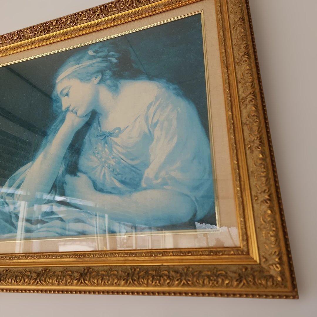 青色の女性肖像画 金色フレーム