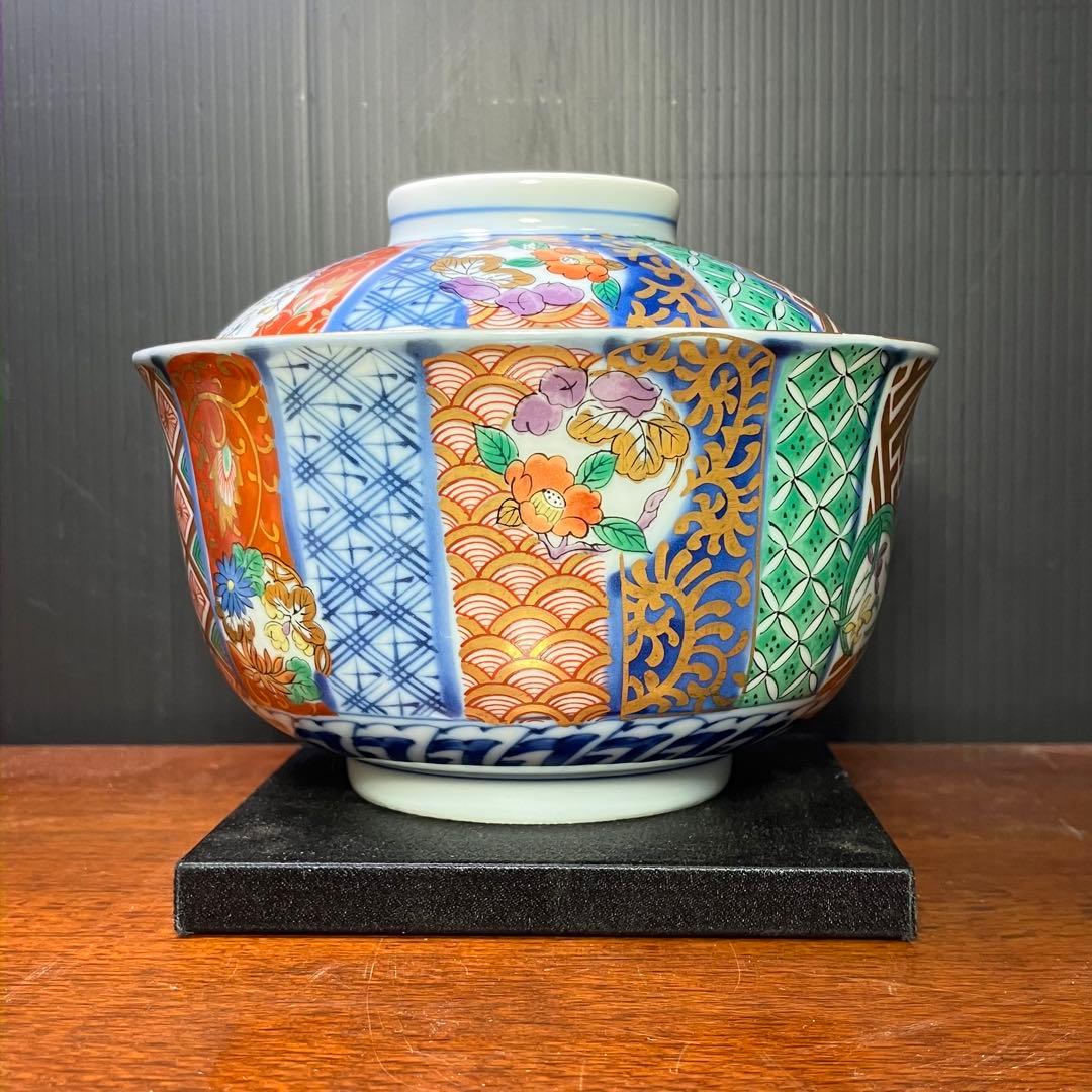 龍峯窯 祥瑞花丸紋蓋物揃 5客セット 金彩古伊万里蓋付き丼ぶり T0902-2