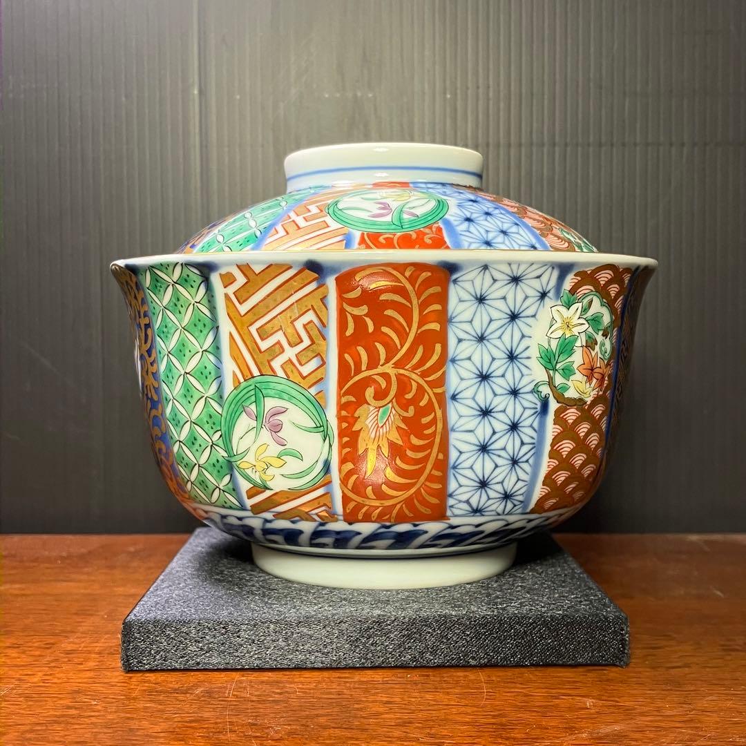 龍峯窯 祥瑞花丸紋蓋物揃 5客セット 金彩古伊万里蓋付き丼ぶり T0902-2