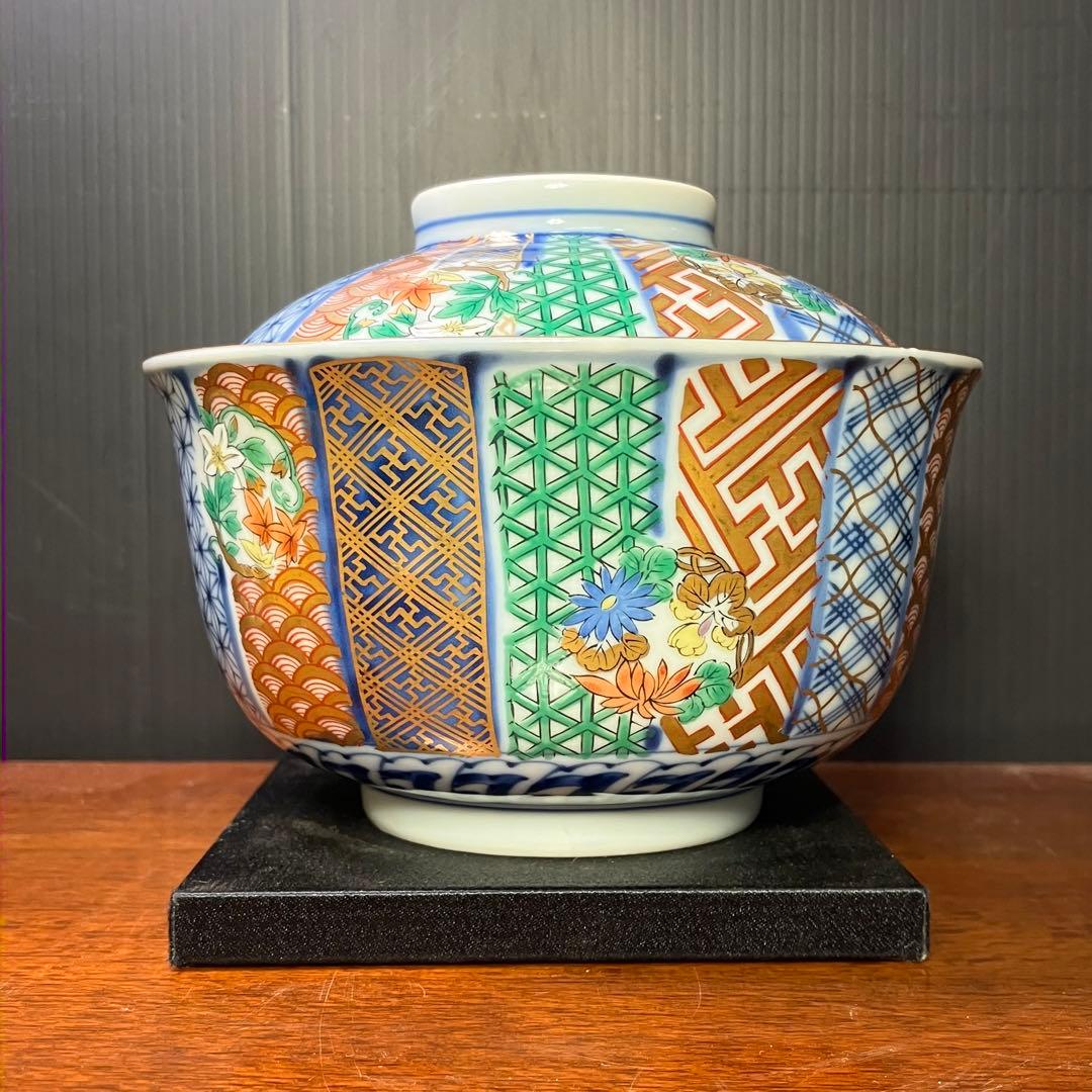 龍峯窯 祥瑞花丸紋蓋物揃 5客セット 金彩古伊万里蓋付き丼ぶり T0902-2