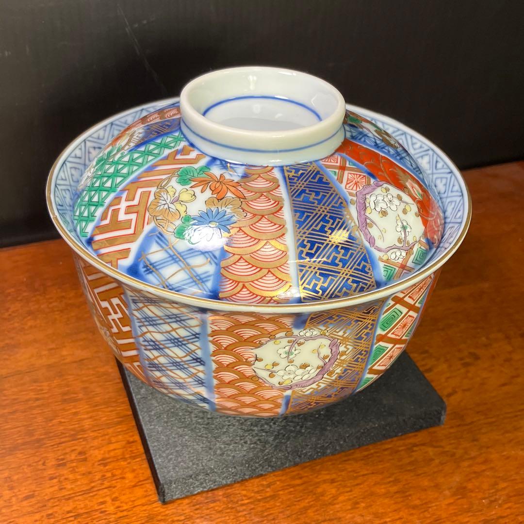 龍峯窯 祥瑞花丸紋蓋物揃 5客セット 金彩古伊万里蓋付き丼ぶり T0902-2