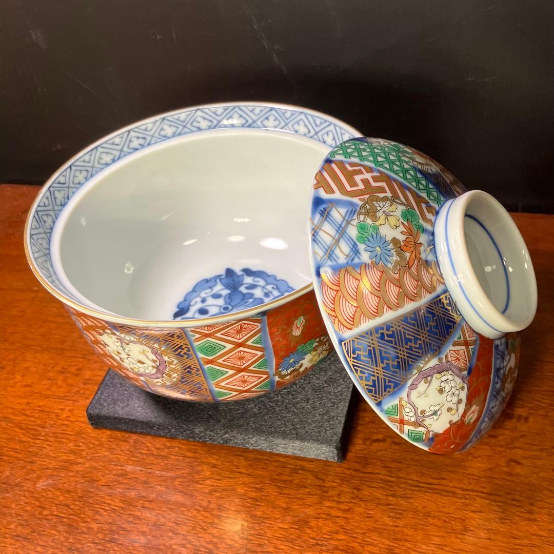 龍峯窯 祥瑞花丸紋蓋物揃 5客セット 金彩古伊万里蓋付き丼ぶり T0902-2