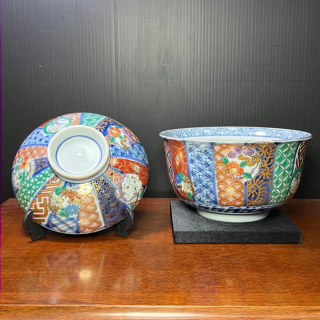 龍峯窯 祥瑞花丸紋蓋物揃 5客セット 金彩古伊万里蓋付き丼ぶり T0902-2