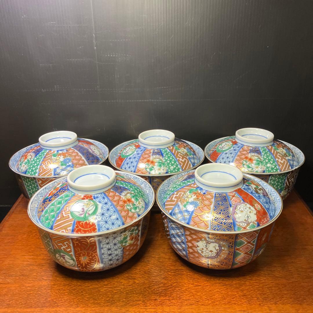 龍峯窯 祥瑞花丸紋蓋物揃 5客セット 金彩古伊万里蓋付き丼ぶり T0902-2