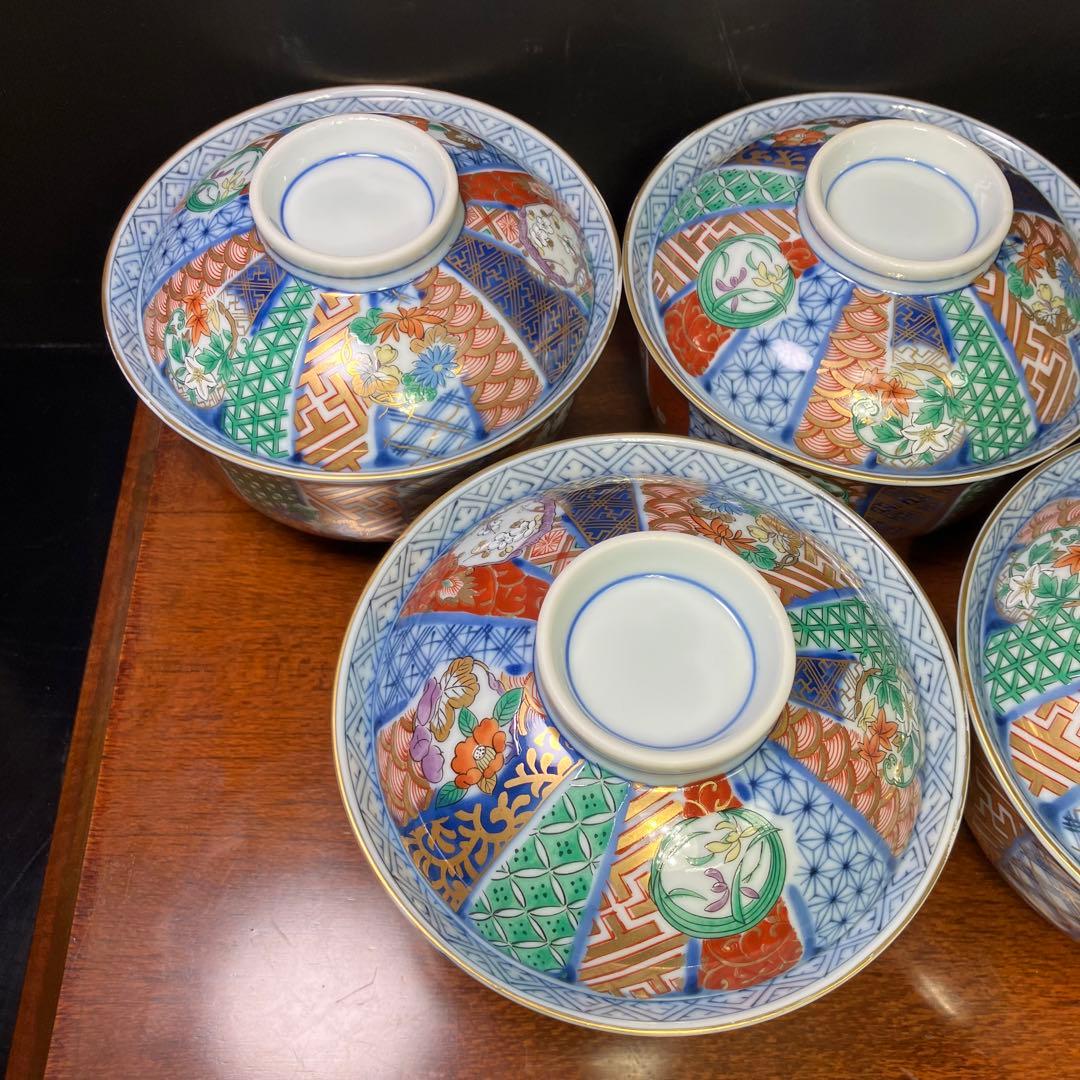 龍峯窯 祥瑞花丸紋蓋物揃 5客セット 金彩古伊万里蓋付き丼ぶり T0902-2