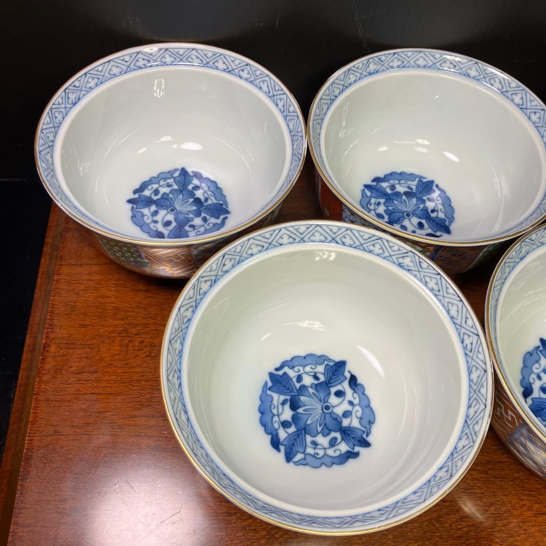 龍峯窯 祥瑞花丸紋蓋物揃 5客セット 金彩古伊万里蓋付き丼ぶり T0902-2