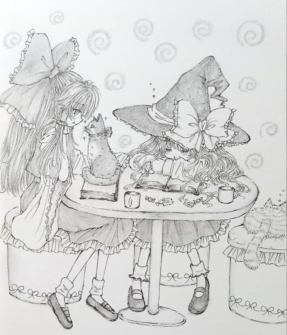 手描きイラスト　お茶会　ナズーリン　橙　東方project