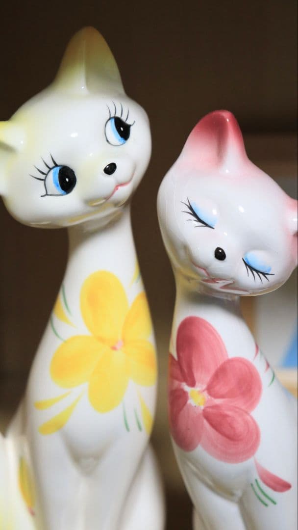 ペア猫さん(昭和レトロ 黄赤色 約22cm)