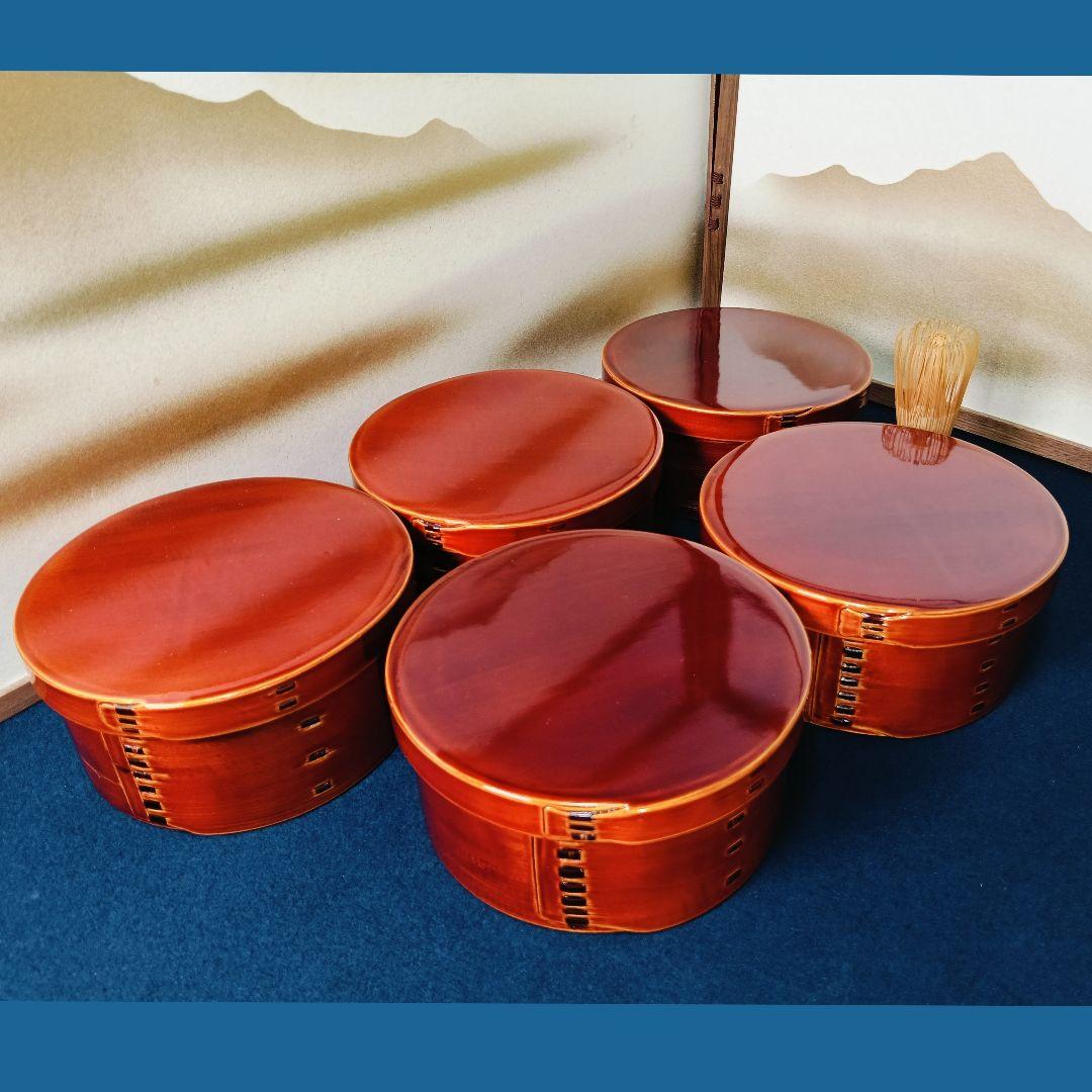 AN11 曲わっぱ 春慶塗 五客 木製漆器 蓋付弁当箱 紙箱 美品