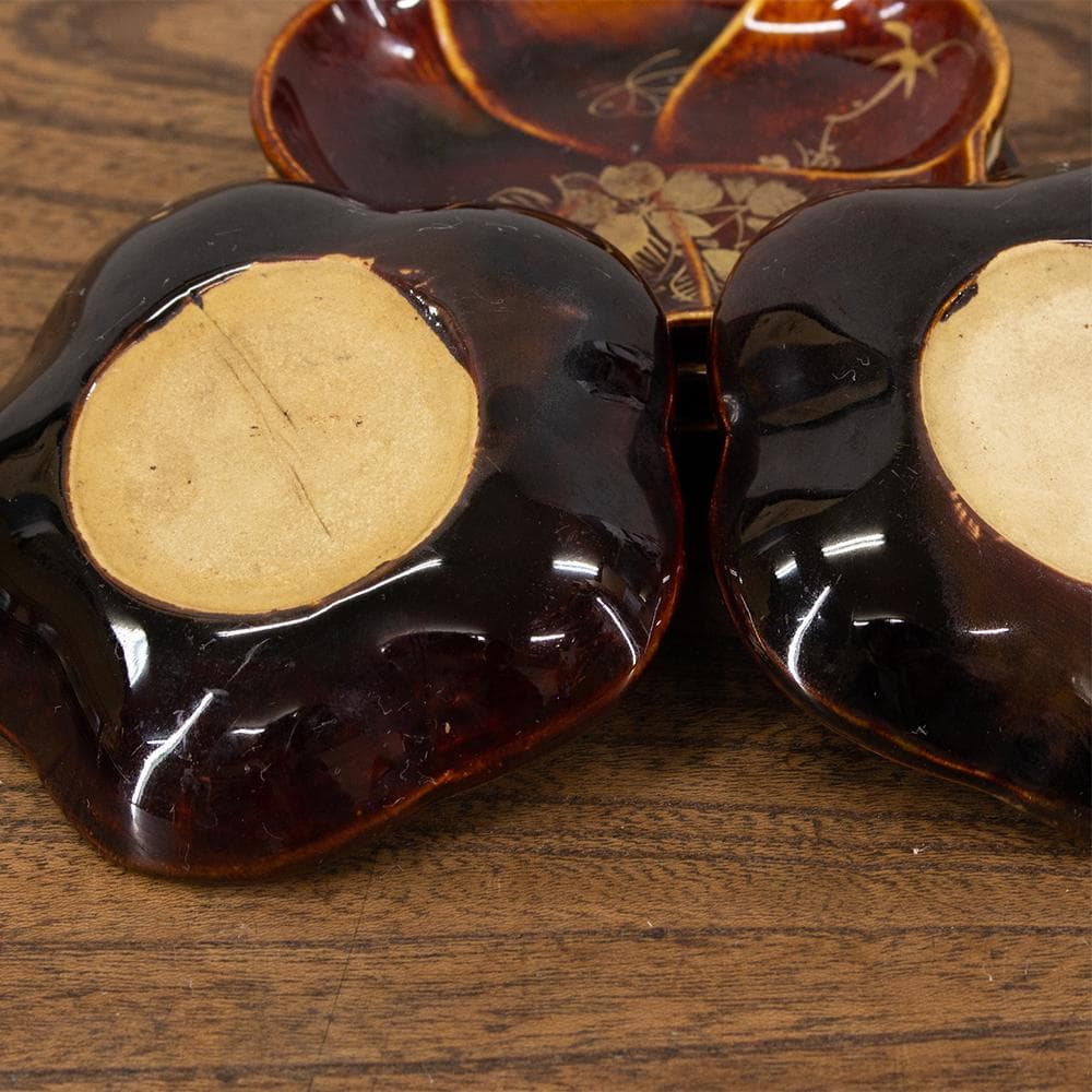 布志名焼 民芸 小皿4枚 桜型 桜絵 金彩 鉄釉