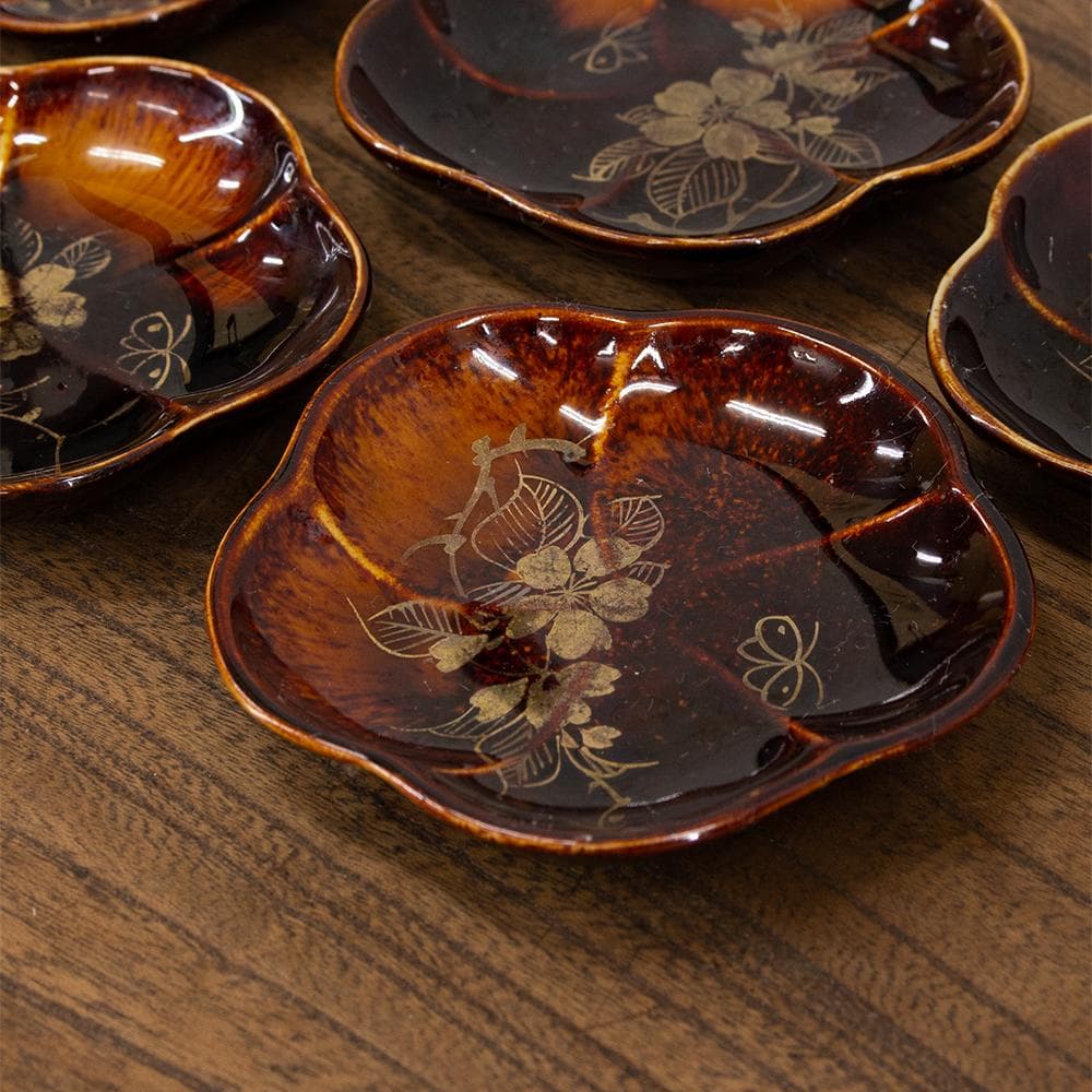 布志名焼 民芸 小皿4枚 桜型 桜絵 金彩 鉄釉