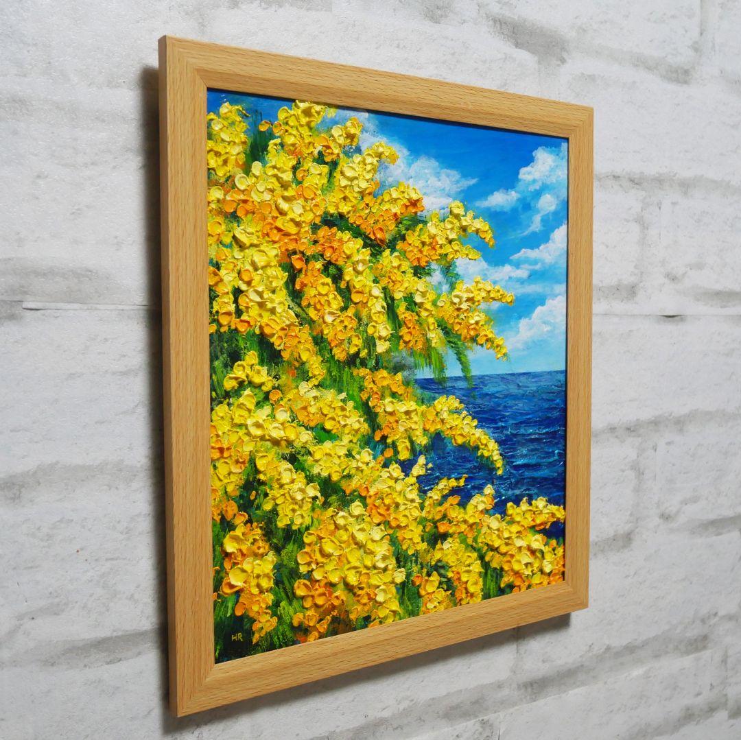 【お客】油絵 絵画【ミモザの海】原画 額縁・ラッピング付 春の風景画