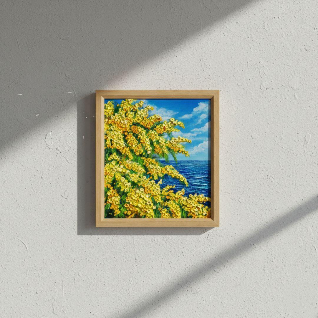 【お客】油絵 絵画【ミモザの海】原画 額縁・ラッピング付 春の風景画