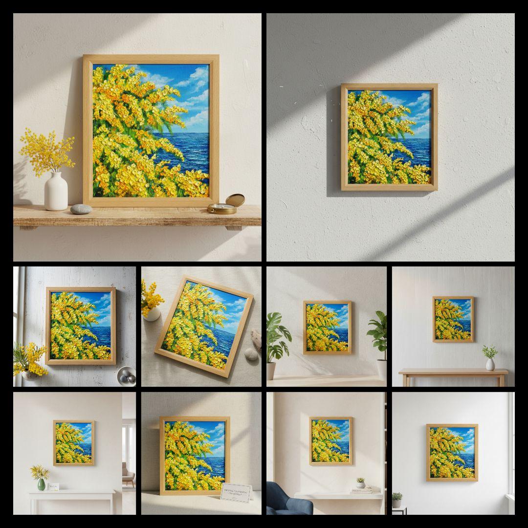 【お客】油絵 絵画【ミモザの海】原画 額縁・ラッピング付 春の風景画