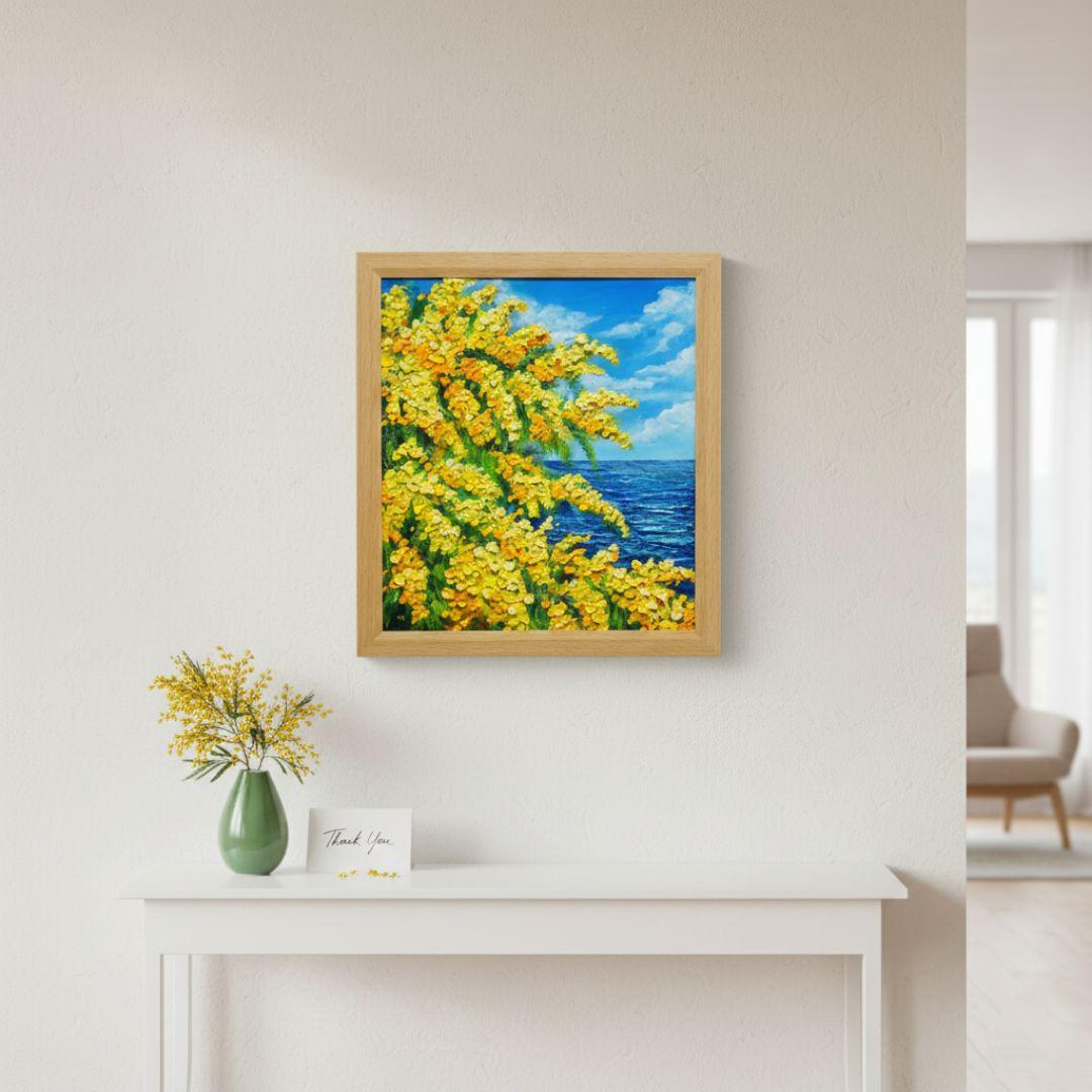 【お客】油絵 絵画【ミモザの海】原画 額縁・ラッピング付 春の風景画