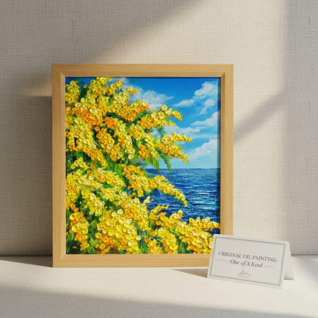 【お客】油絵 絵画【ミモザの海】原画 額縁・ラッピング付 春の風景画