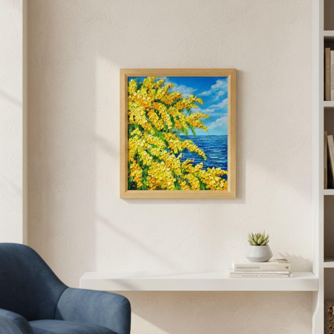 【お客】油絵 絵画【ミモザの海】原画 額縁・ラッピング付 春の風景画