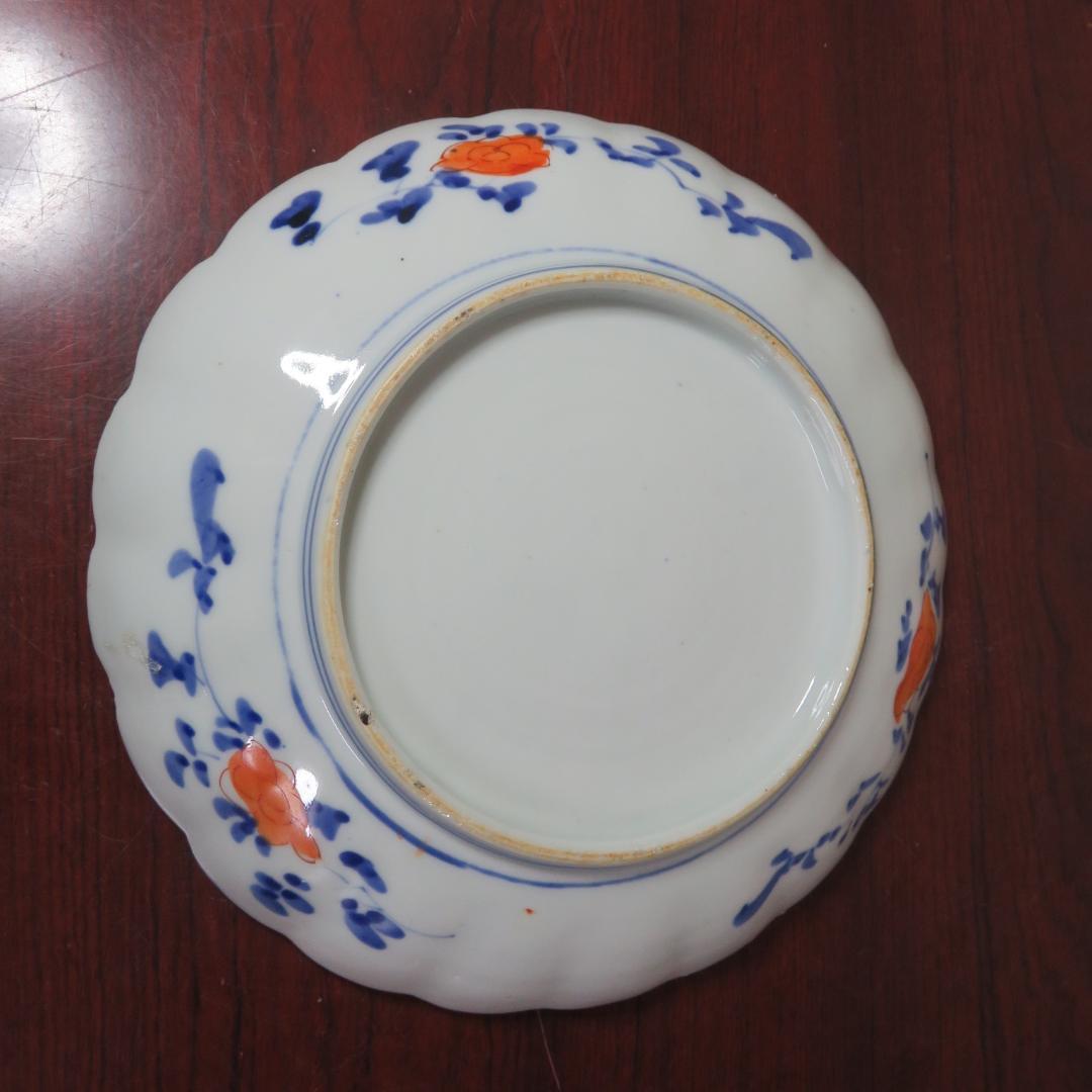 色絵付 中皿 二枚 金彩 古伊万里 花文様 菊型 梅 花形 花瓶模様 窯傷