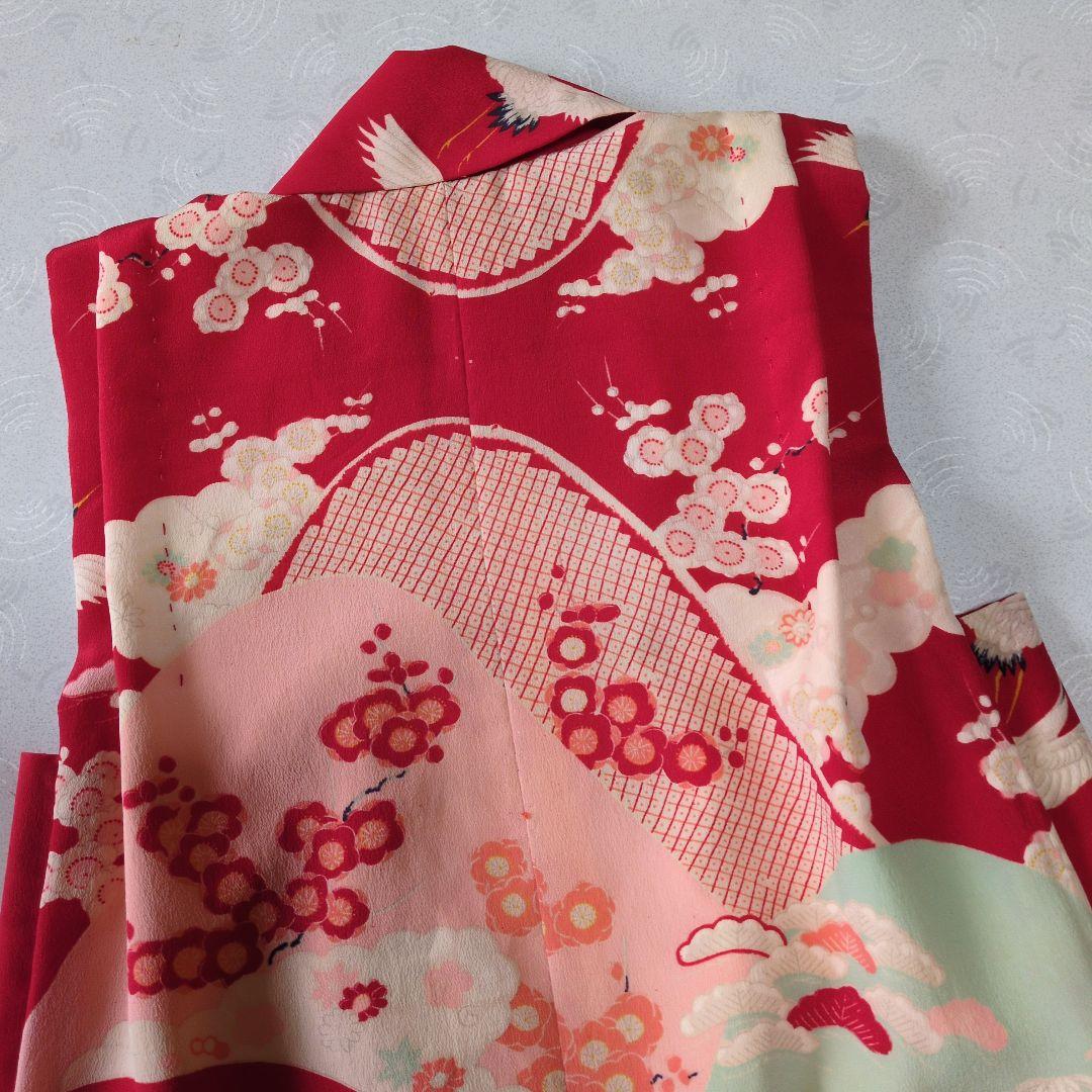 七五三３歳正絹赤色鶴柄の被布(中綿無し）