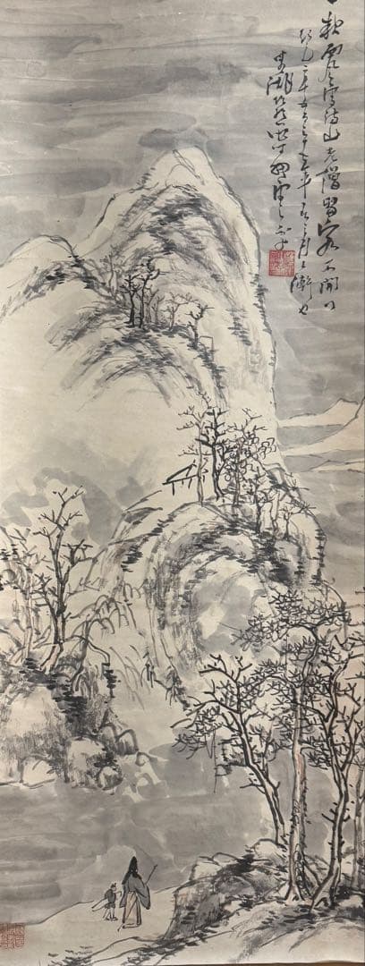 奥原晴湖筆　携琴訪友　紙本肉筆　掛軸　送料込み251031