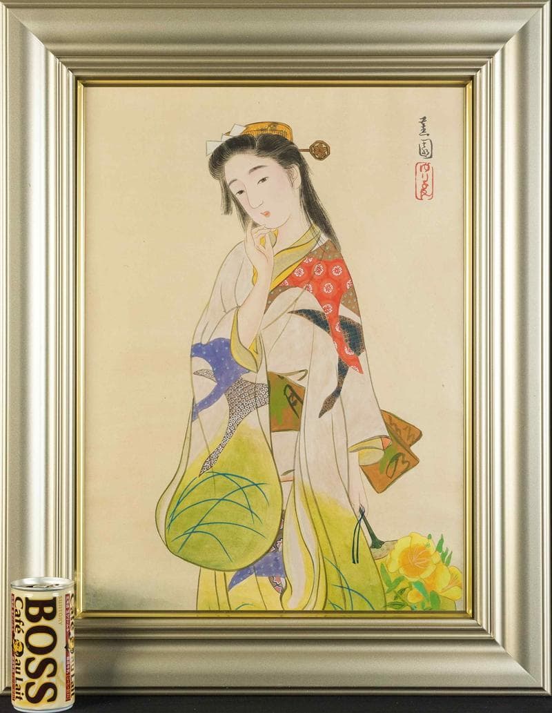 池田蕉園　日本画　肉筆『夕くれ』表サイン(印譜)　P8号　額装　b735